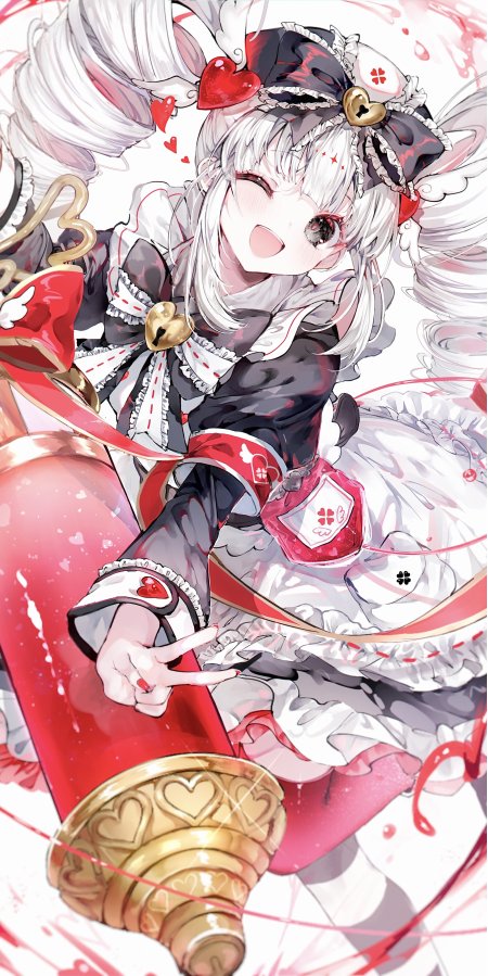 红心主题白发少女比耶红黑洛丽塔裙装粉白梦幻动漫手机壁纸