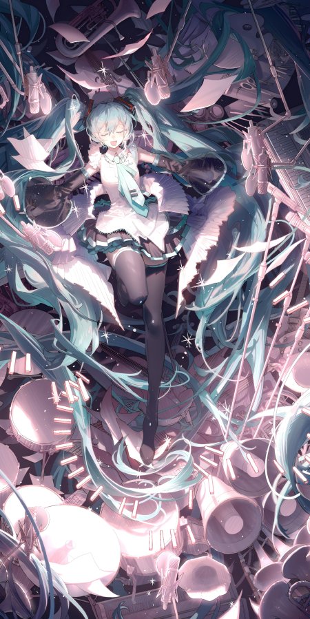 初音未来蓝发双马尾白裙少女悬浮音乐器械环绕粉紫梦幻动漫手机壁纸