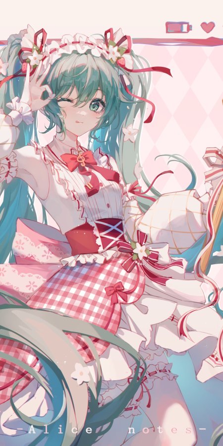初音未来绿发双马尾红白格裙少女手势粉白甜美动漫手机壁纸