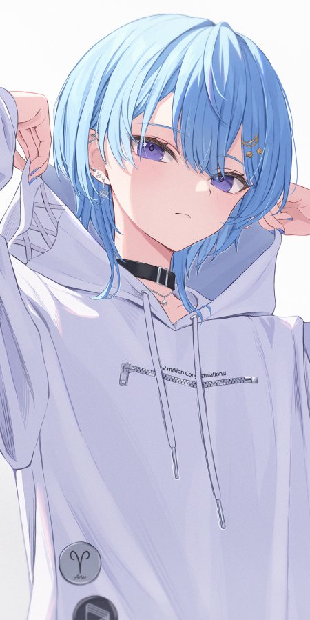 蓝发紫瞳少女浅灰连帽衫温柔侧颜粉紫动漫手机壁纸