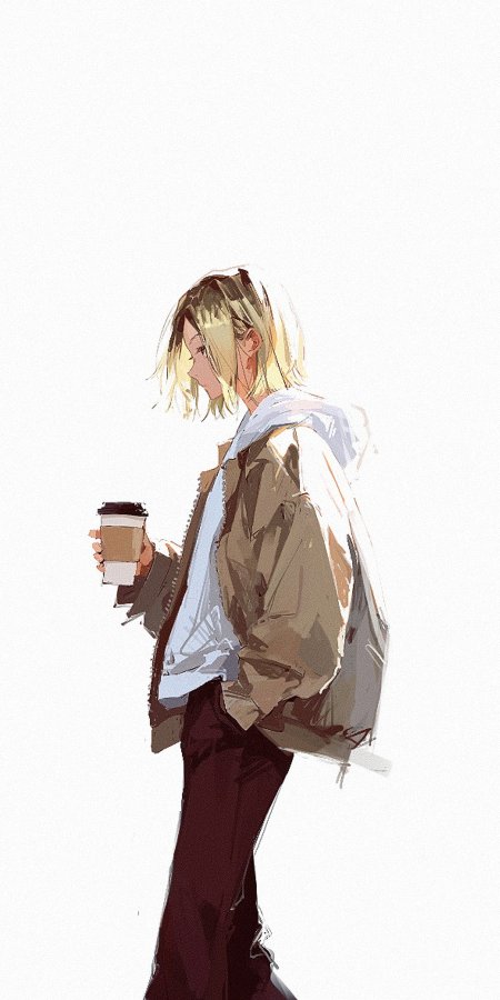 金发少女侧身持咖啡杯浅棕白调动漫手机壁纸