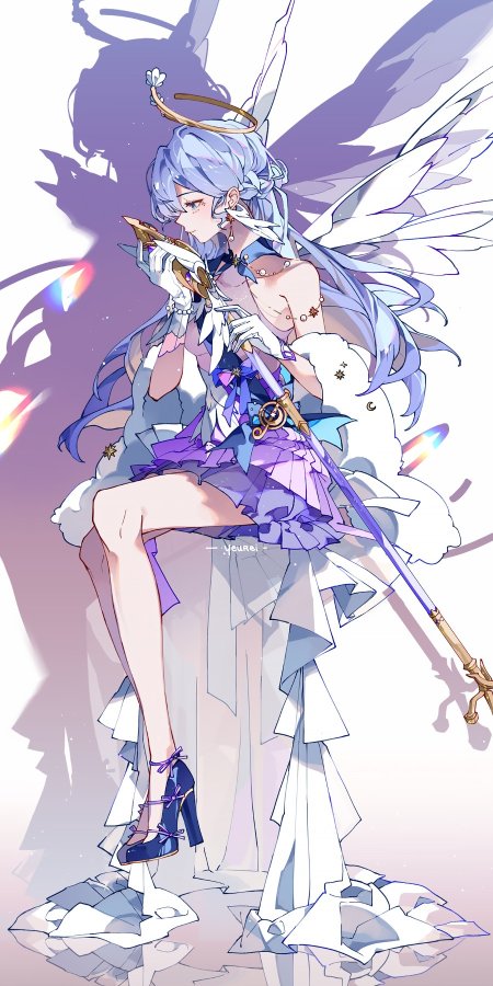 蓝发天使少女持剑坐姿紫白渐变动漫手机壁纸