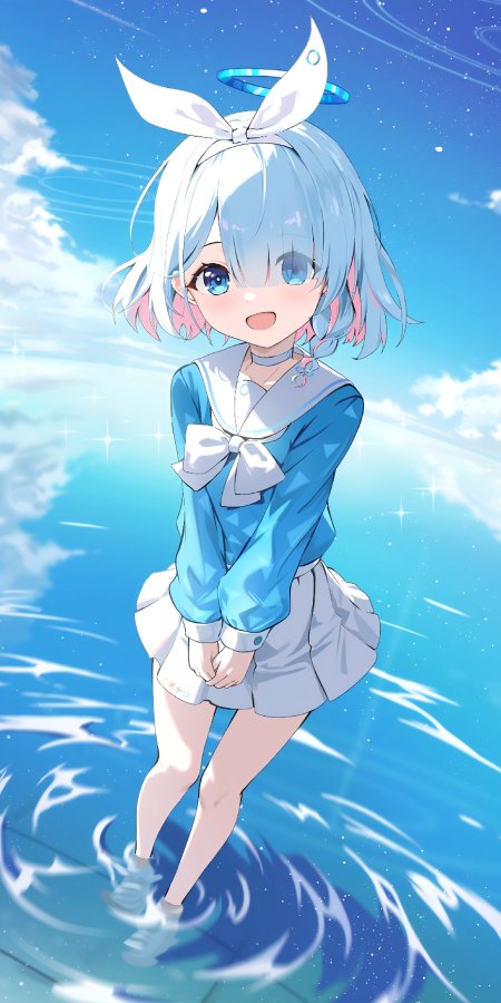 蓝发兔耳少女水边微笑蓝白清新动漫手机壁纸