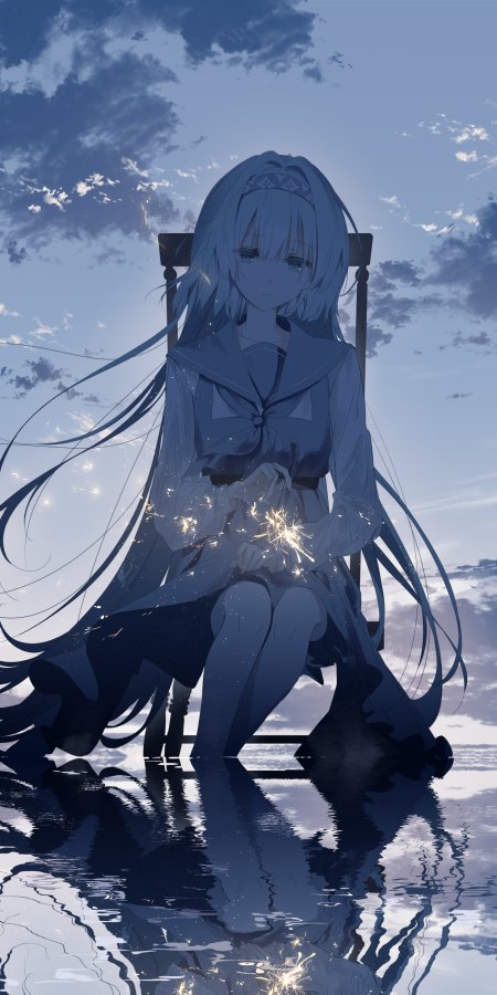 蓝发少女坐椅持星火微光蓝紫动漫手机壁纸