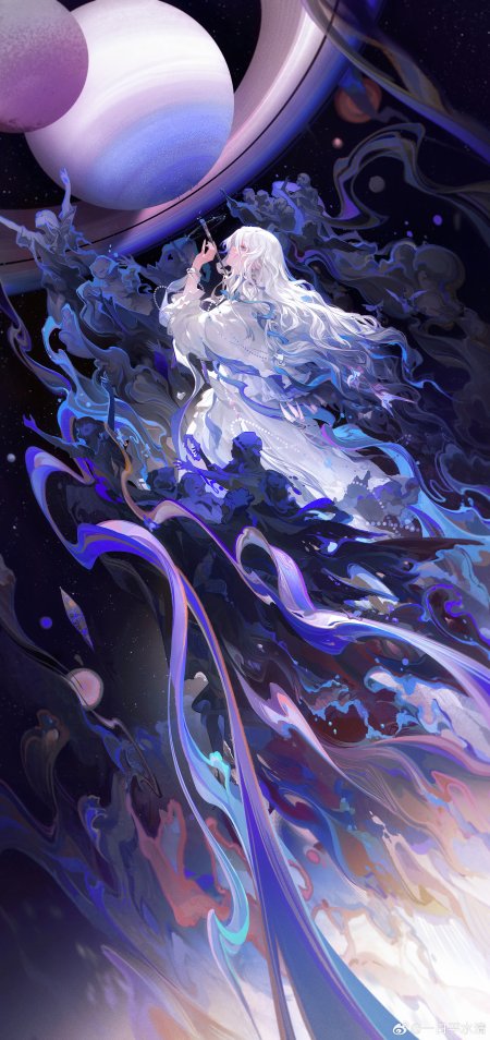 白发少女持杖仰望星环紫蓝梦幻动漫手机壁纸
