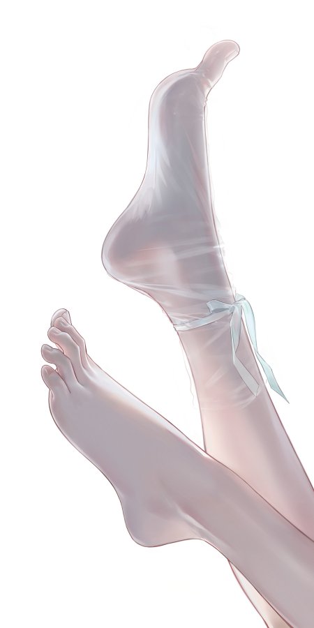 动漫少女纤细玉足浅蓝丝带白背景唯美插画手机壁纸