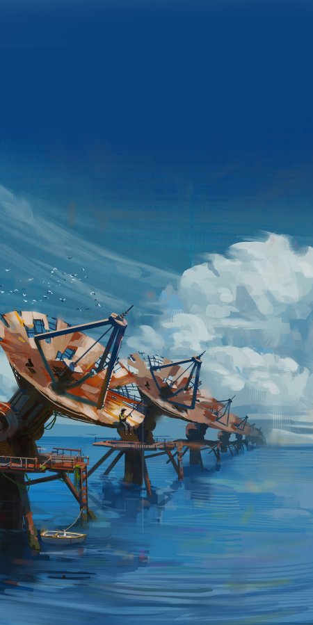 废弃卫星天线阵列矗立海面锈橙蓝调科幻插画手机壁纸