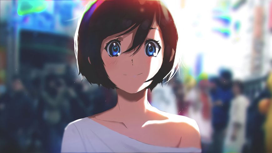 《命运石之门》椎名真由理少女短发蓝眸微笑白衫霓虹背景粉紫唯美动漫电脑壁纸