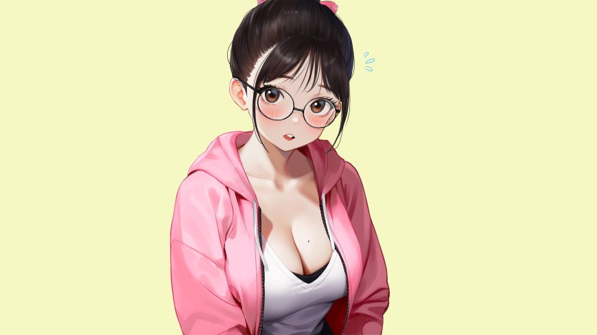 戴眼镜黑发少女粉红连帽衫浅黄背景动漫电脑壁纸
