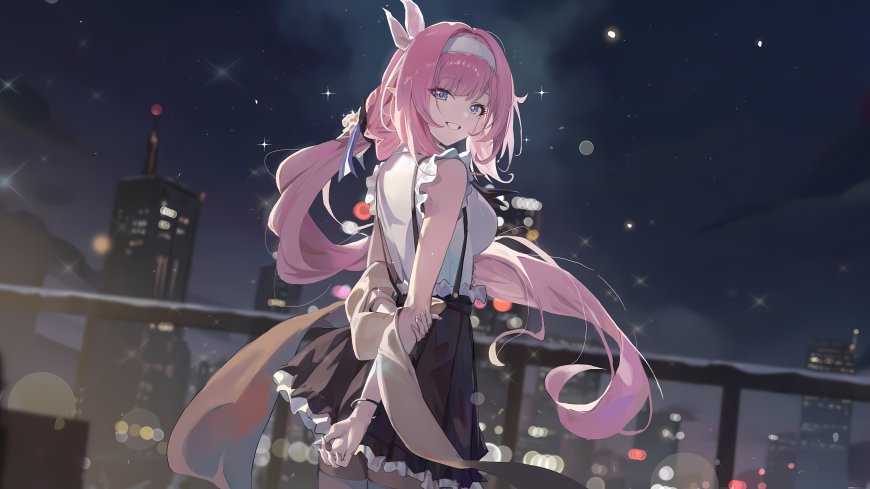 粉色长发兔耳少女夜景城市背景蓝紫动漫电脑壁纸