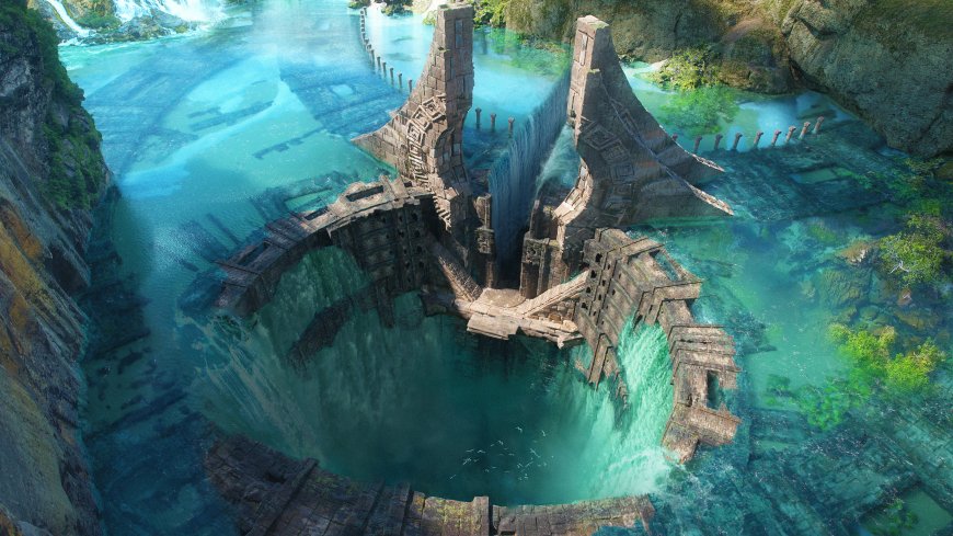 古代遗迹沉没峡谷碧蓝清澈奇幻风景电脑壁纸
