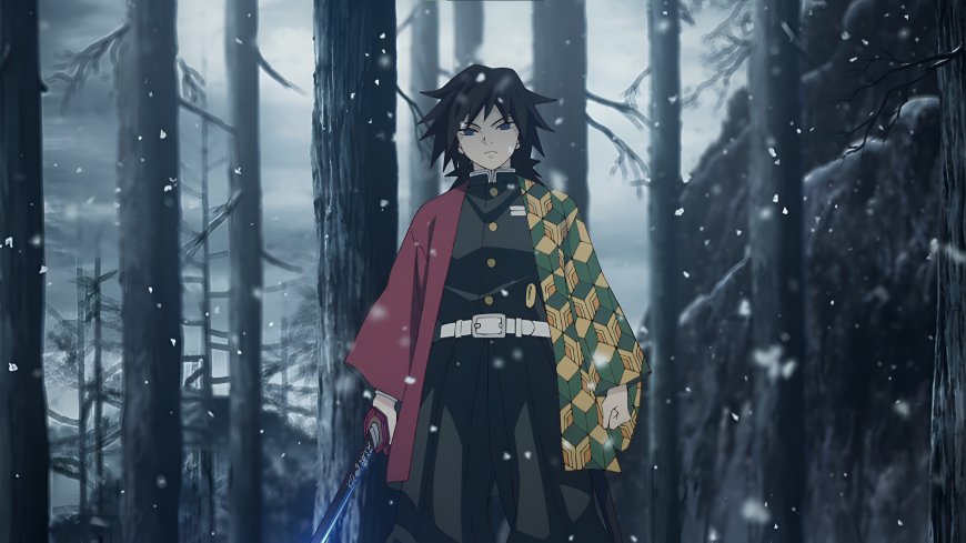 鬼灭之刃富冈义勇雪林持刀蓝灰动漫电脑壁纸