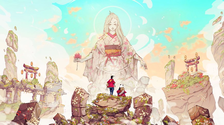 巨大和风少女持莲立于浮岩神社间粉白梦幻动漫电脑壁纸