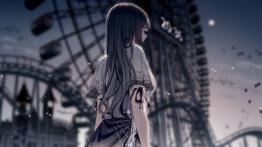 Love Live!园田海未少女长发侧影摩天轮夜景蓝灰唯美动漫电脑壁纸