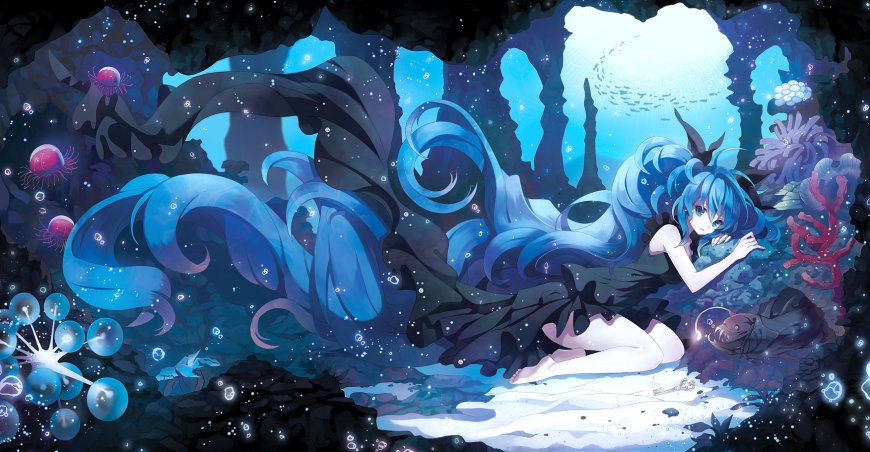 初音未来海底洞穴蓝发少女梦幻蓝紫动漫电脑壁纸