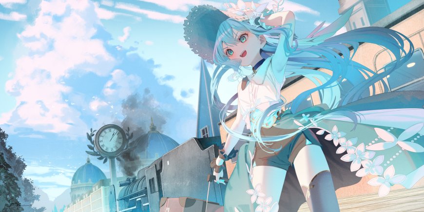 初音未来蓝发花饰少女车站背景蓝白动漫电脑壁纸