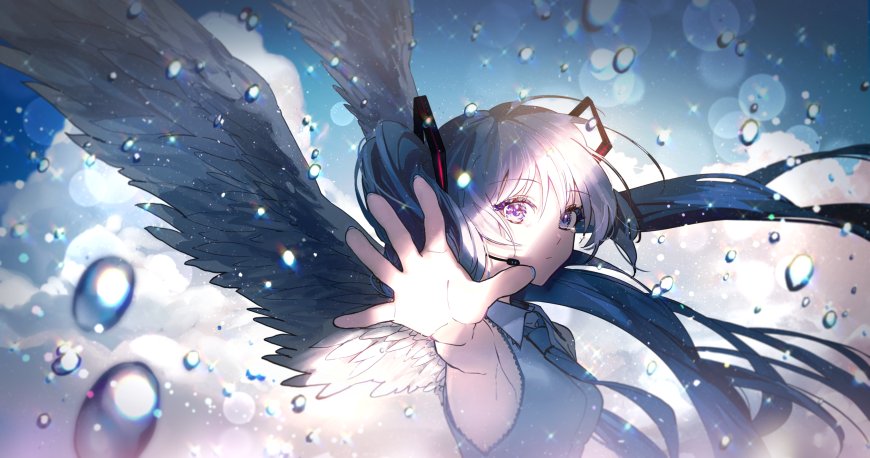 初音未来黑翼伸展水珠飞溅蓝紫梦幻动漫电脑壁纸