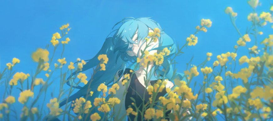 初音未来蓝发少女置身油菜花田蓝黄清新动漫电脑壁纸