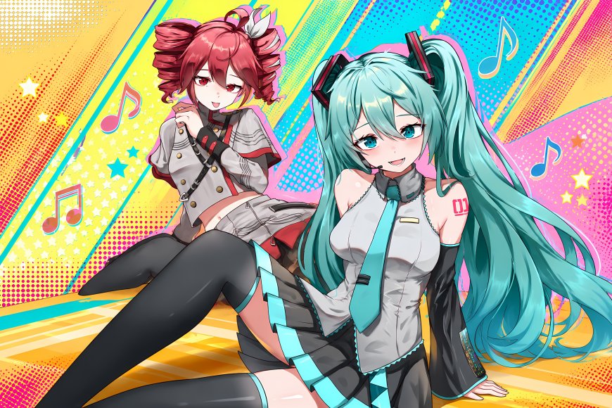 初音未来与重音Teto少女双人粉蓝黄炫彩动漫电脑壁纸