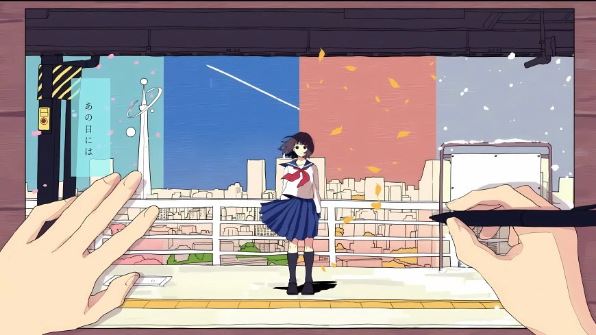 动漫少女水手服站台秋叶蓝粉背景插画电脑壁纸