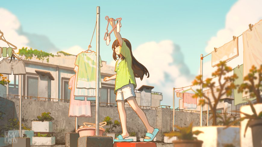 动漫少女晾衣屋顶绿白清新日常插画电脑壁纸