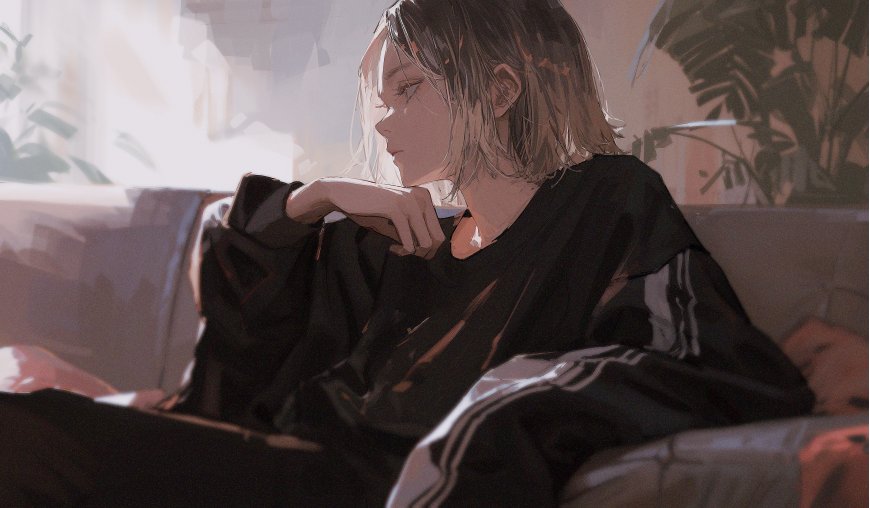 短发少女黑衣侧坐沙发暖灰动漫电脑壁纸