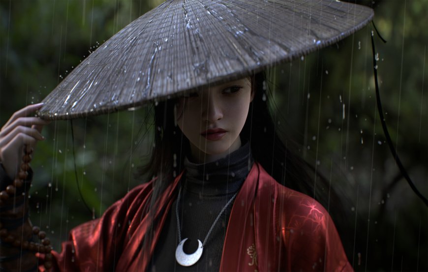 古风红衣少女竹笠雨中静立暗绿人文风土电脑壁纸