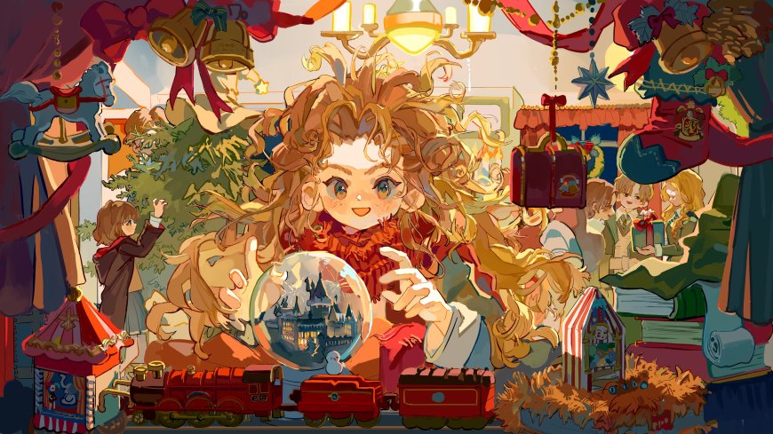 哈利波特魔法世界少女手持水晶球圣诞装饰暖金动漫电脑壁纸