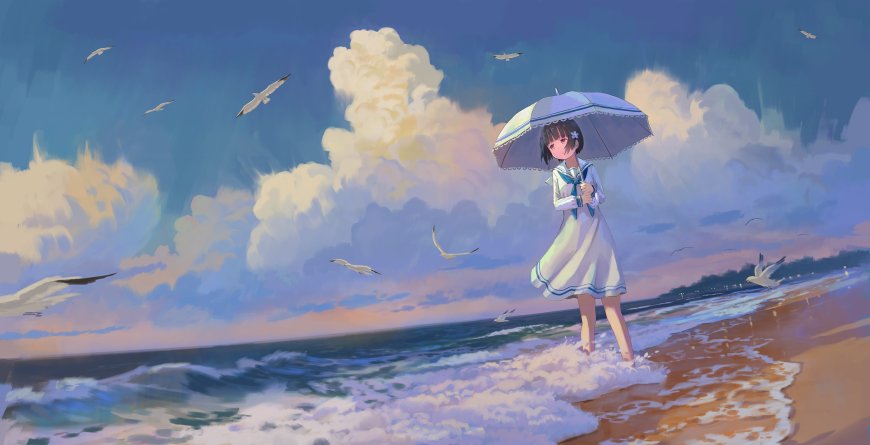 海边撑伞少女白裙蓝边动漫电脑壁纸
