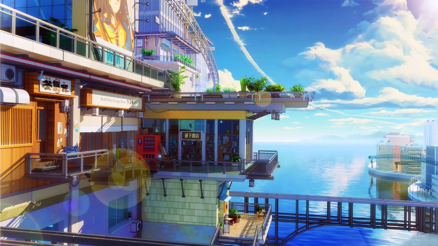 海边城市多层建筑群蓝天白云动漫电脑壁纸