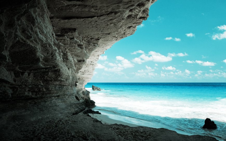 海蚀洞穴眺望碧海蓝天白云青蓝风景电脑壁纸