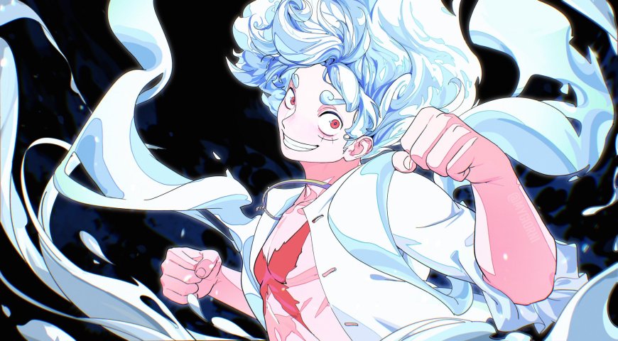 海贼王尼卡路飞蓝发红眼笑容灿烂白蓝黑对比动漫电脑壁纸