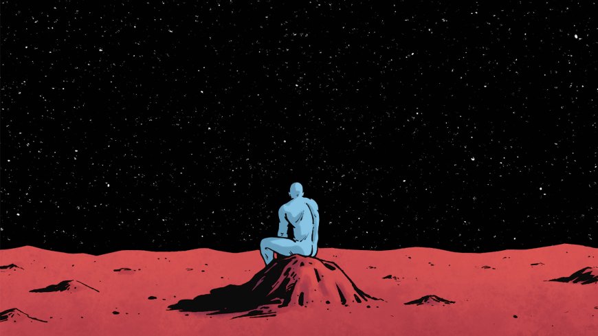 火星红色荒漠中蓝肤裸身男子静坐仰望星空暗黑科幻电脑壁纸