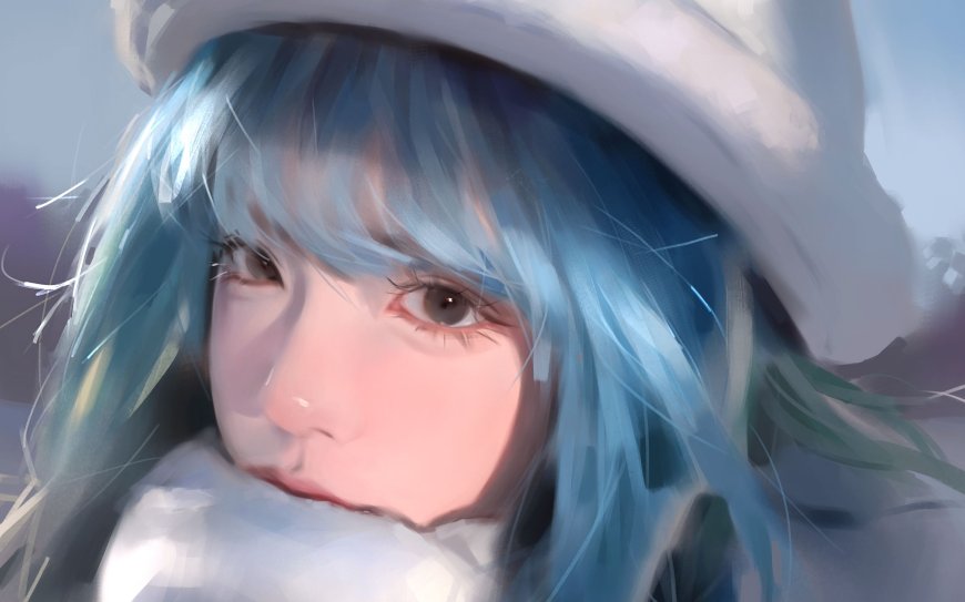 蓝发少女戴白帽围巾柔光动漫电脑壁纸