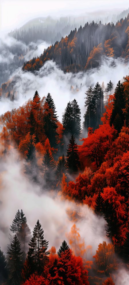 秋山云海红枫黑松层叠雾霭橙红自然风景手机壁纸