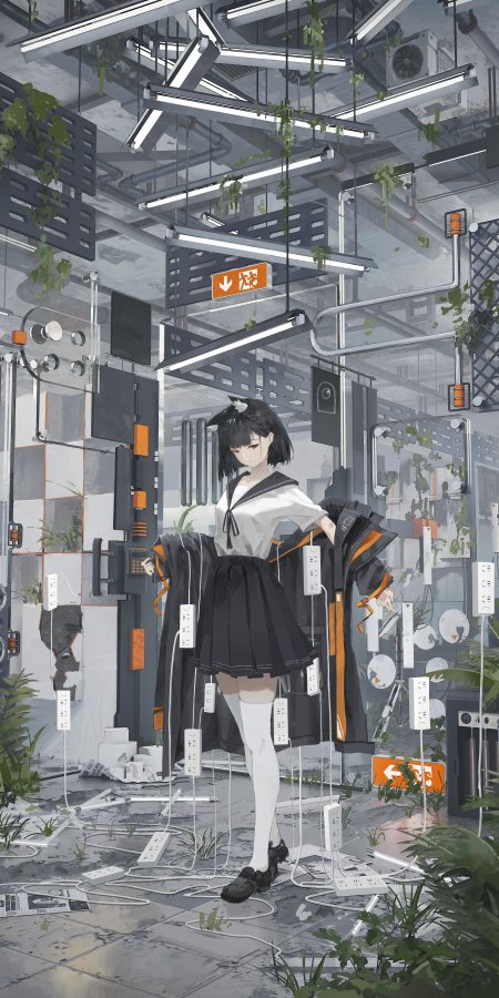 赛博废墟中黑发少女穿水手服持外套灰绿工业风动漫手机壁纸