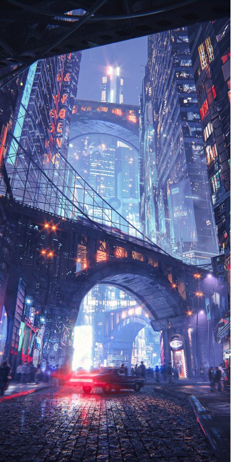赛博朋克都市霓虹夜景蓝紫科幻动漫手机壁纸