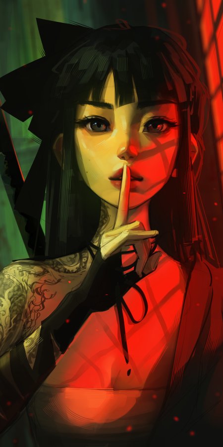 赛博朋克风格黑发少女指尖轻触唇边红绿光影交错动漫手机壁纸