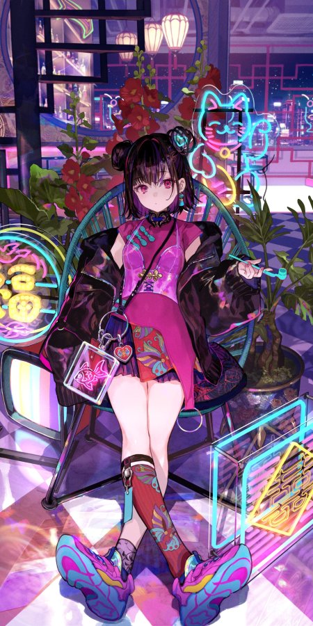 赛博朋克风双马尾少女霓虹夜景紫粉动漫手机壁纸