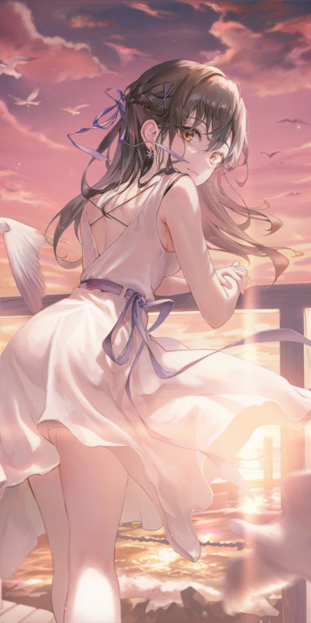 少女白裙紫带海边夕阳粉紫唯美动漫手机壁纸