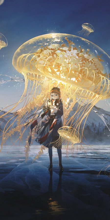 少女持灯立于冰面巨型发光水母环绕蓝金奇幻动漫手机壁纸