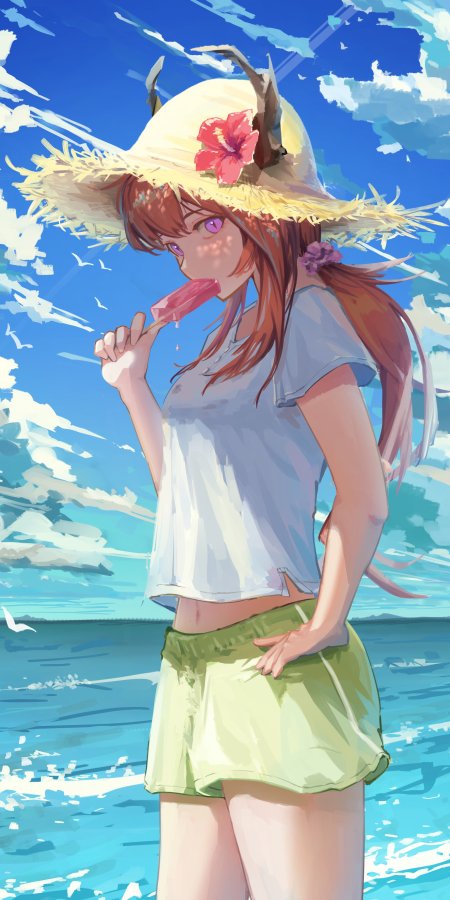少女戴草帽吃冰棍蓝白清新风格动漫手机壁纸