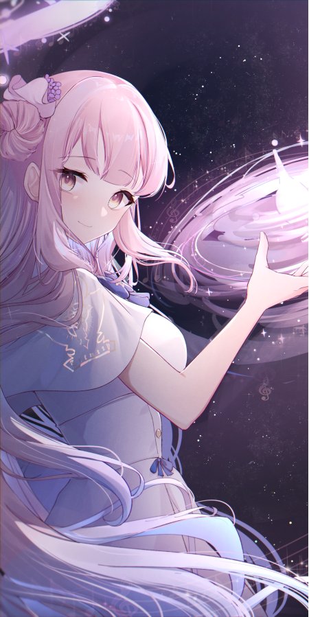 少女粉发紫裙手持星轨光旋梦幻紫调动漫手机壁纸