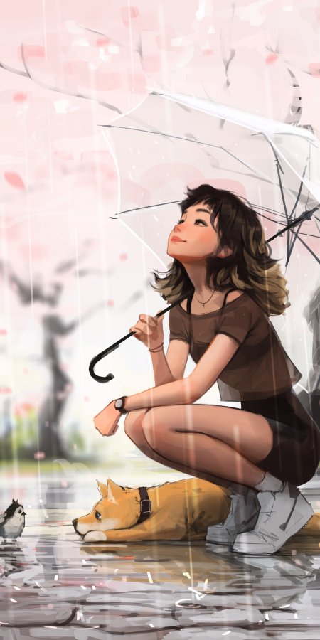 少女蹲坐雨中撑透明伞棕发微笑粉白柔和动漫手机壁纸