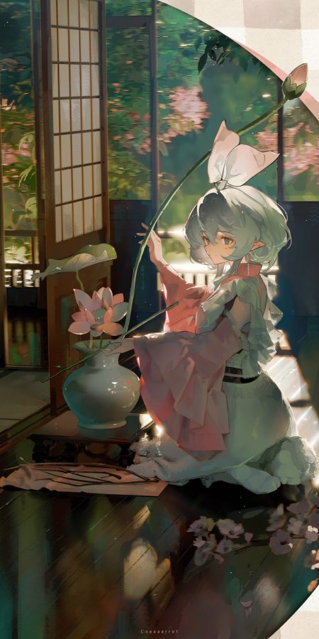 少女跪坐插莲青绿和风唯美插画手机壁纸