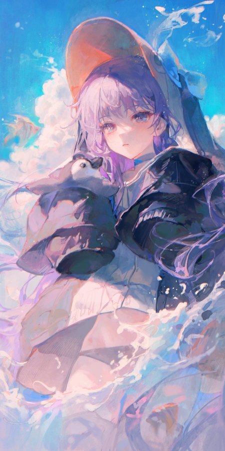 少女怀抱企鹅蓝紫梦幻水下场景动漫手机壁纸