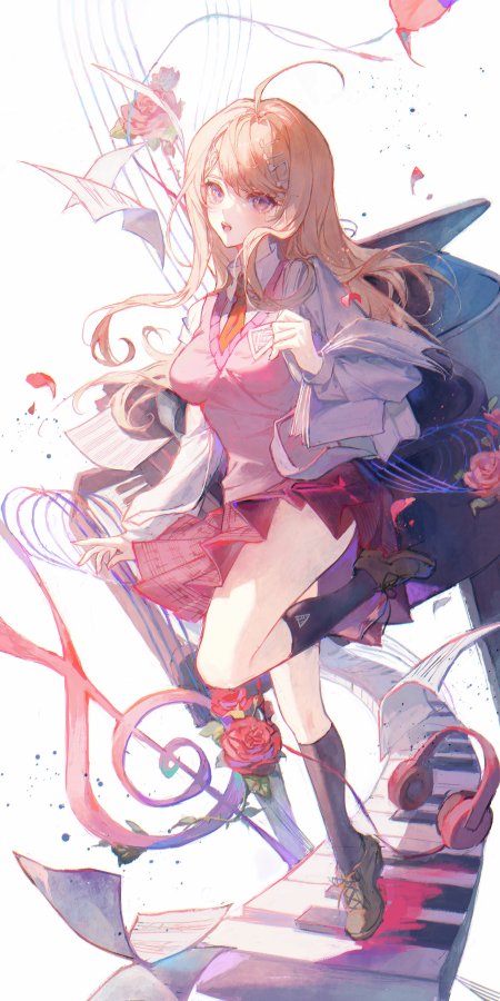 少女金发校服坐钢琴键玫瑰音符环绕粉紫唯美动漫手机壁纸