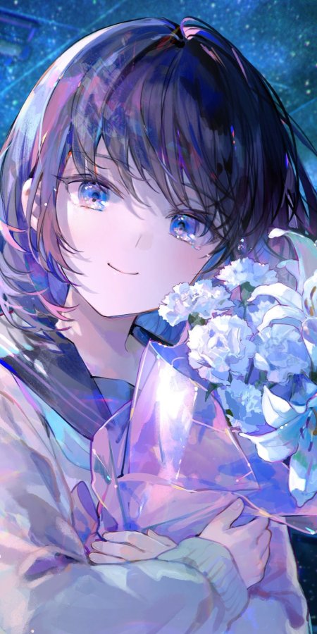 少女蓝紫发色手持白花星空背景粉紫唯美动漫手机壁纸