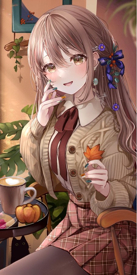 少女秋日咖啡馆暖棕唯美插画手机壁纸