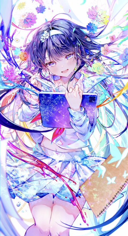 少女手持平板彩花蝴蝶紫蓝梦幻风格手机壁纸